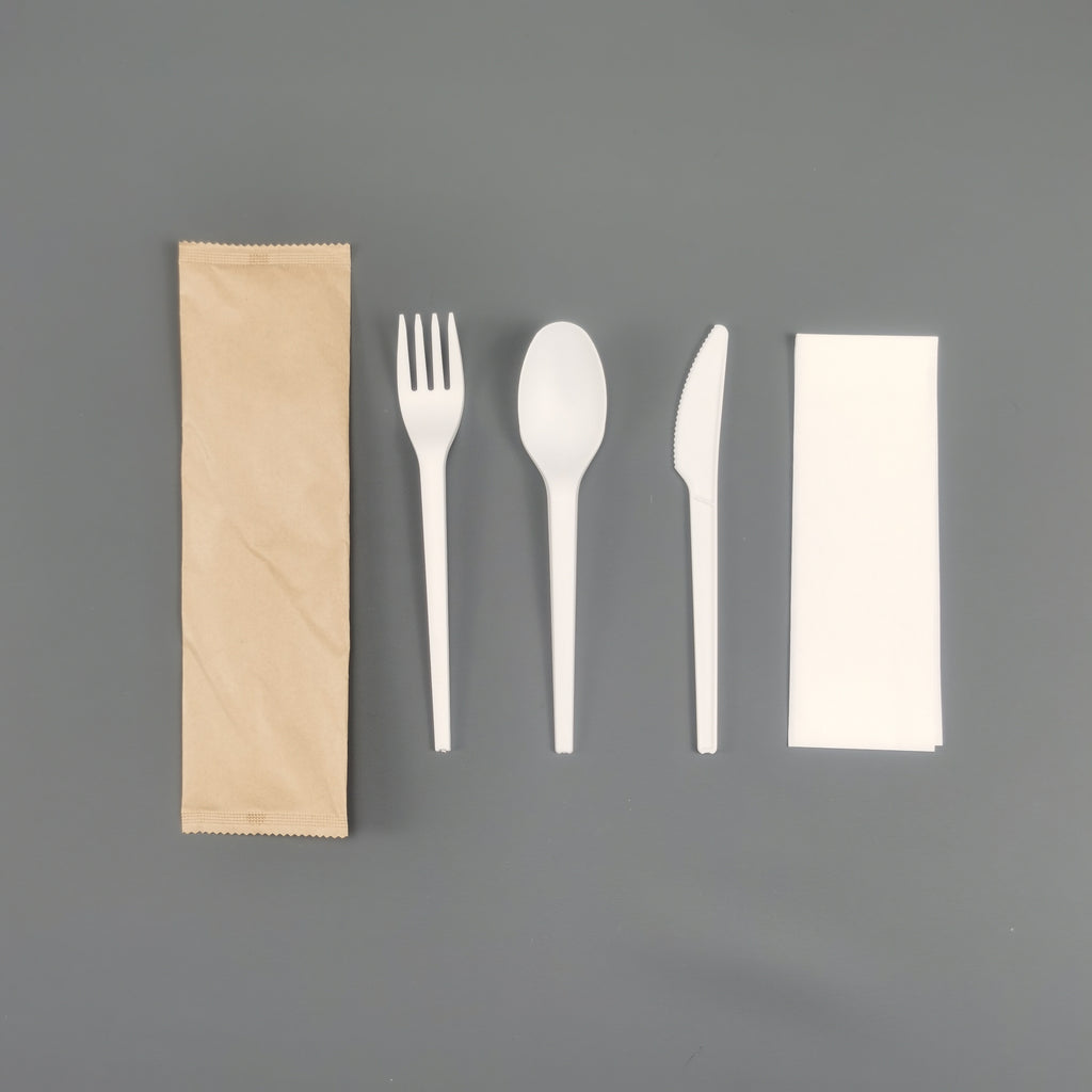 Cutlery Kit – Knife, Fork, Spoon & Napkin, White (500 Sets / Case)